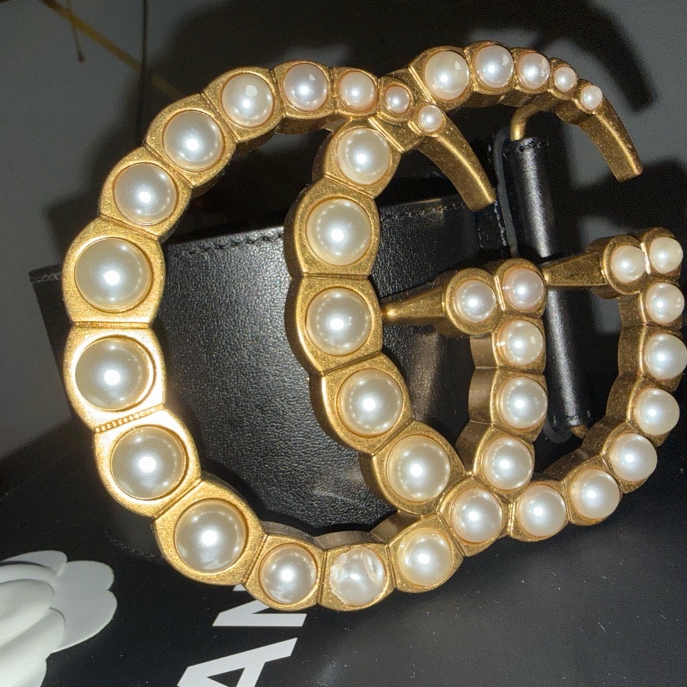 Gucci Gold-Tone Double G Belt with Pearl Accents on Black Strap